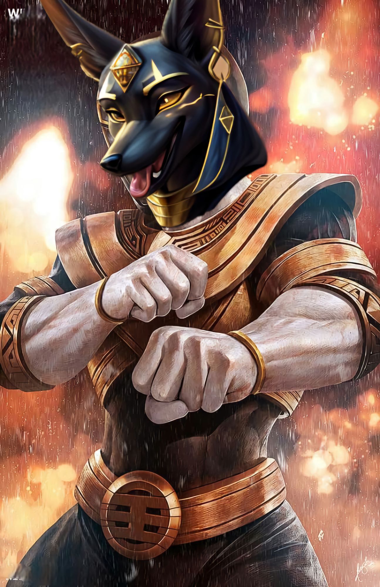 a (male anthro Anubis jackal: 2) with (Egyptian Pharaoh headwear: 1.95), (long flowing dark hair and fur: 1.45) wearing a (black and gold Po...
