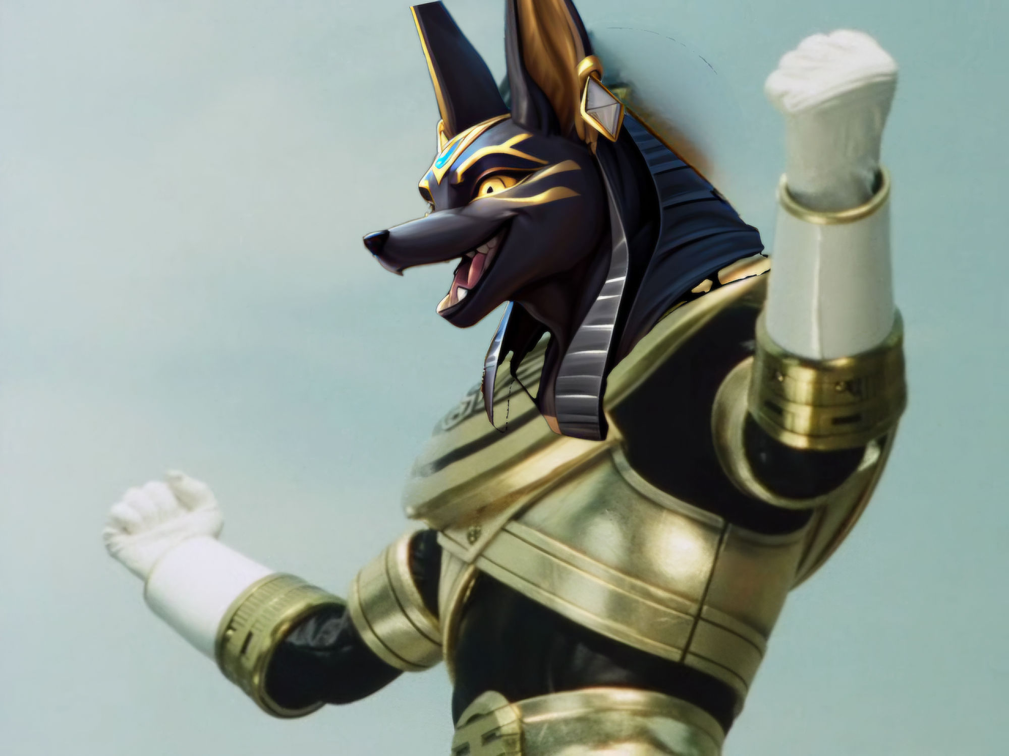 a (bulky muscular: 1.55) (masculine anthro Anubis jackal: 1.9) with (long dark hair: 1.35), (Egyptian god headwear: 1.6), wearing a (black a...