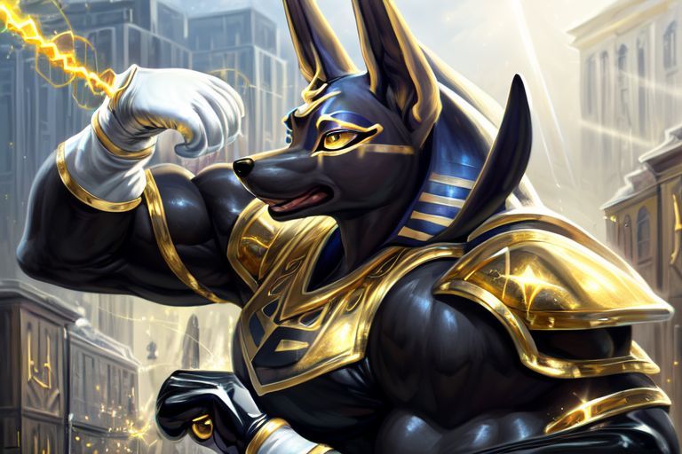 (Mark Brooks and Dan Mumford, comic book art, perfect, smooth: 1.65). a (bulky muscular: 1.6) (masculine anthro Anubis jackal: 1.95) with (l...