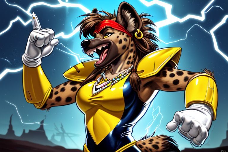 (Mark Brooks and Dan Mumford, comic book art, perfect, smooth: 1.75). a (gigantic Kaiju sized: 1.35) (female anthro spotted hyena: 1.85) wit...