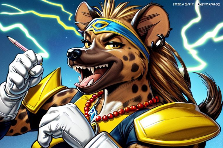 (Mark Brooks and Dan Mumford, comic book art, perfect, smooth: 1.75). a (female anthro spotted hyena: 1.85) with (large yellow eyes with thi...
