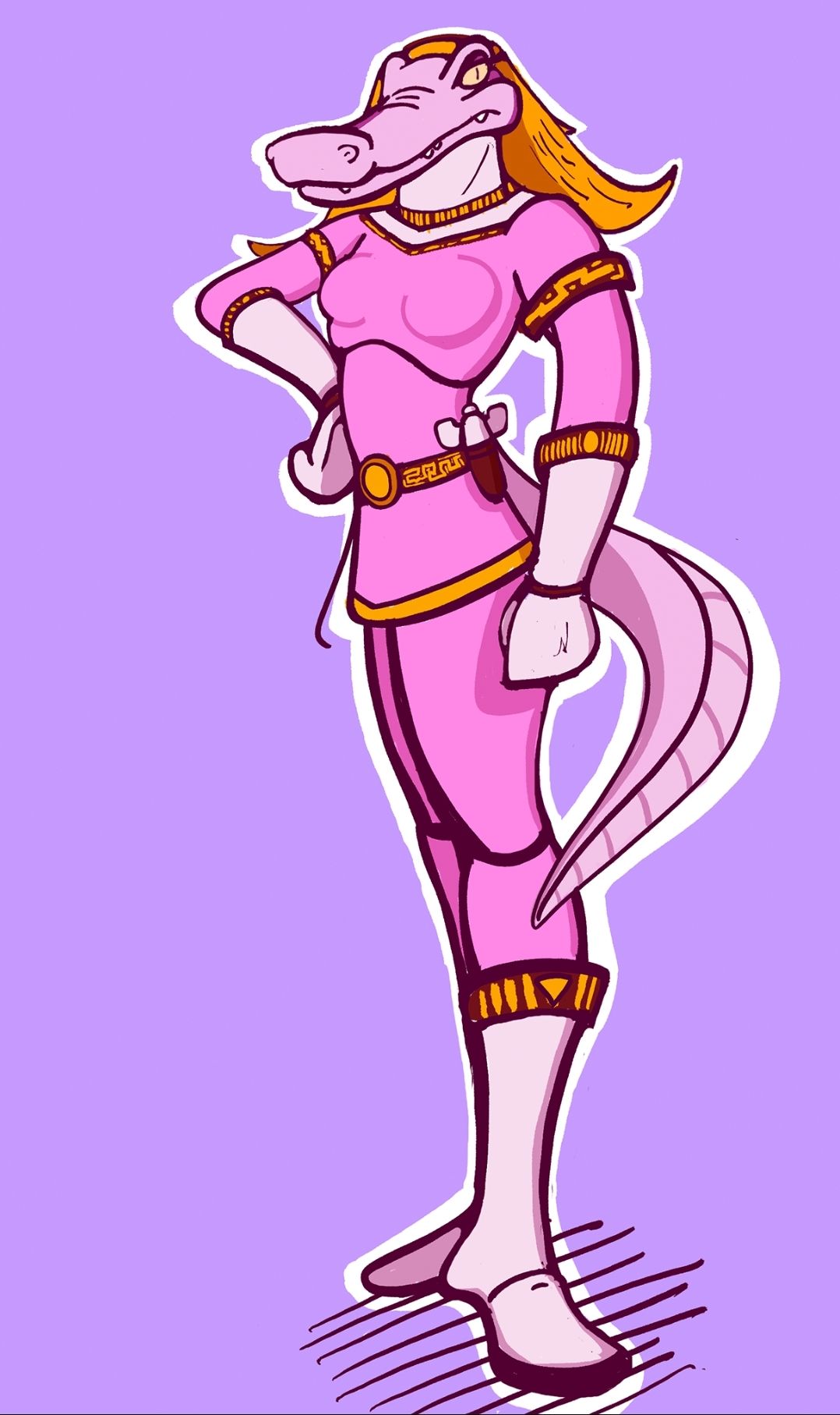 a (female anthro saltwater crocodile: 1.9) with (yellow eyes with thin pupils: 1.7), (long snout: 1.55), (long flowing golden blonde hair: 1...