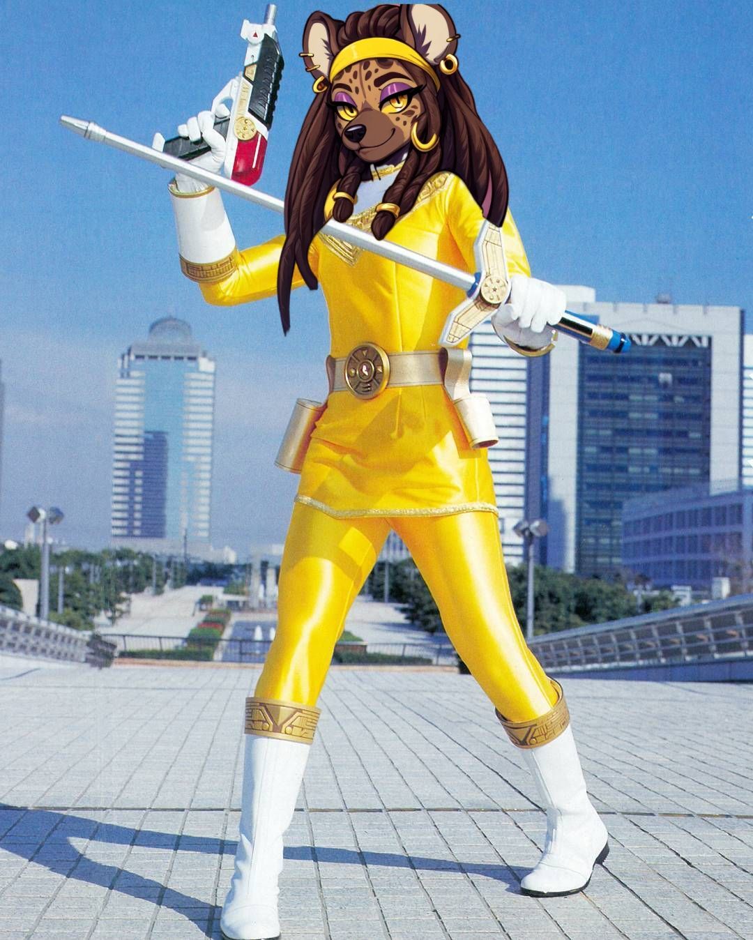 a (female anthro spotted hyena: 2.05) with (spotted hyena head: 3.05), (long flowing brown dreads: 1.5), (yellow headband: 1.7), (gold circu...