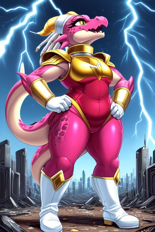 a (gigantic Kaiju sized: 1.35) (pink female anthro Western dragon: 1.95) with (long dragon horns: 1.66), (pink headband: 1.66), wearing a (p...