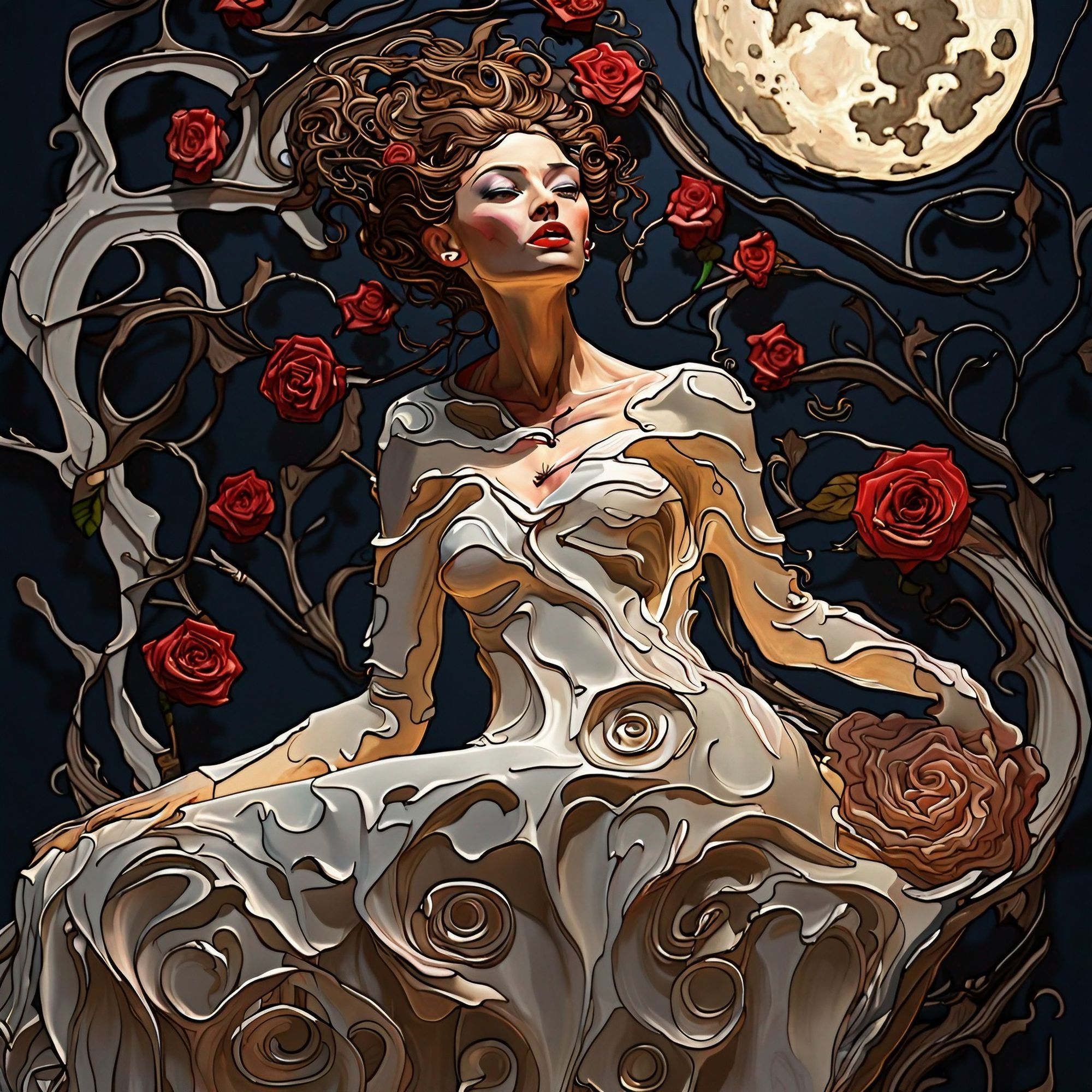 In the mystical twilight, a tale unfolds, whispering of a woman whose destiny is intertwined with the moon. She dances with ethereal grace, her body moving like a celestial tide, an enchanting spectacle under the night's watchful gaze.