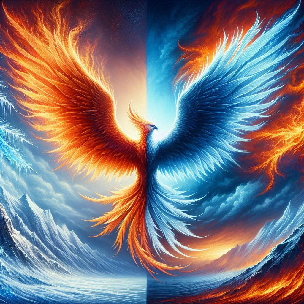 A majestic phoenix soars in the sky, its wings fully extended in all their splendor. The left half of the phoenix is enveloped in cool blue ...