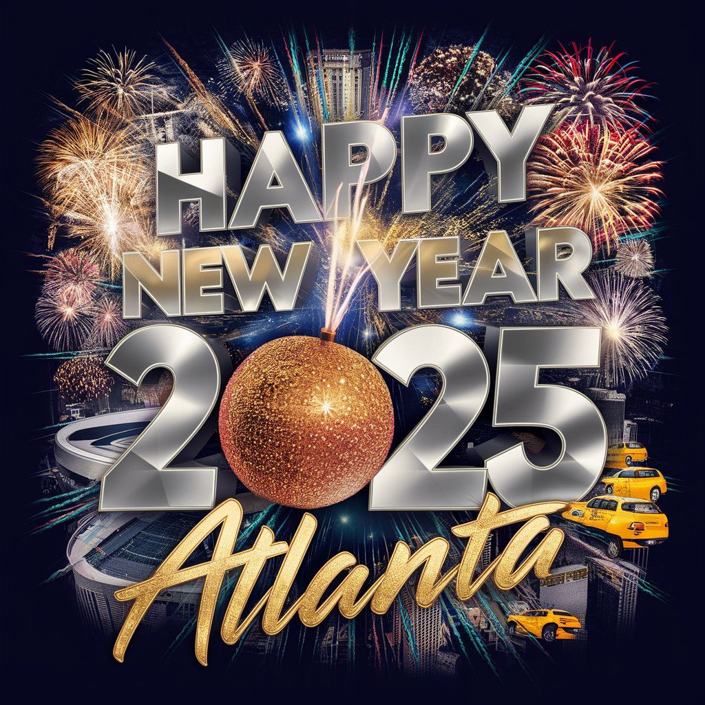 Atlanta's iconic Peach Drop illuminated against a vibrant midnight blue sky, with fireworks exploding in a kaleidoscope of colors, reminisce...