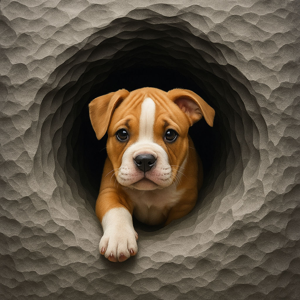 the cute little puppy climbs through the stone hole and sniffs around. She barks too very excitedly