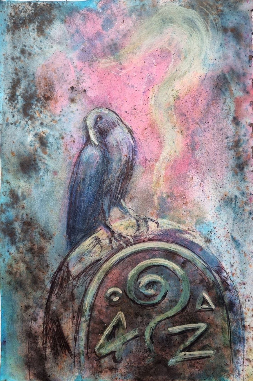 A crow perched on an ancient monolith looks around and then flies off