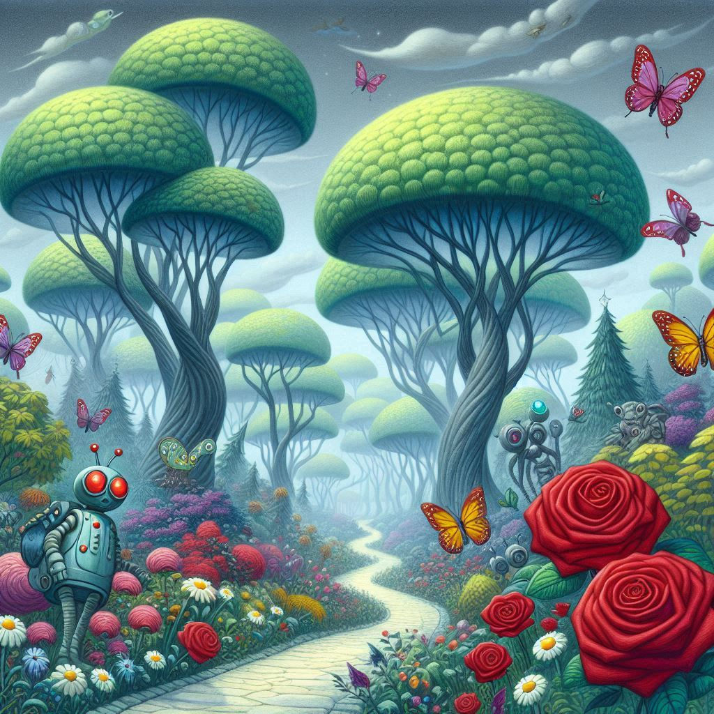 Garden with tall rounded top trees w/twisting trunks and branches, crimson roses, multi color flowers line the pathway going through the oth...