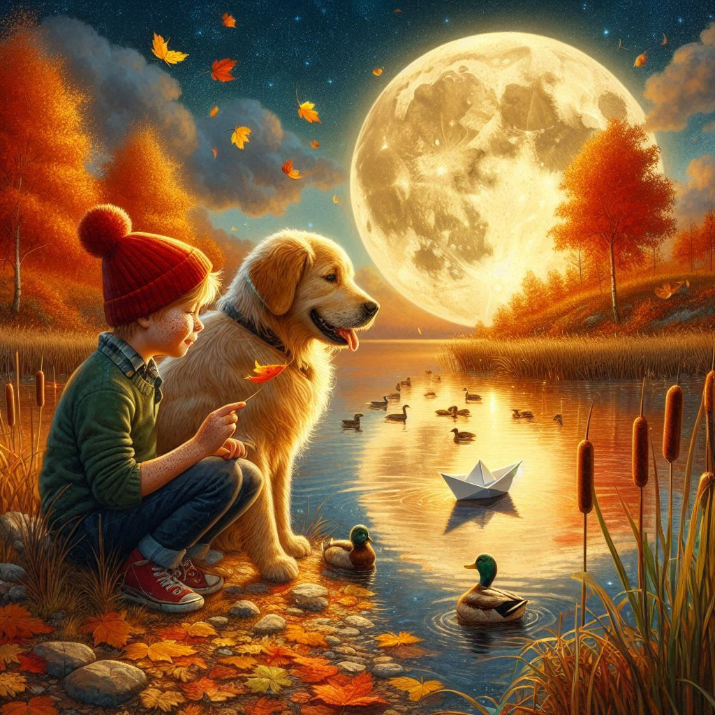 Cute freckle faced young boy w/his buddy, Sparky, his loving golden retriever, sitting by a small lake under a giant luminescent full moon o...