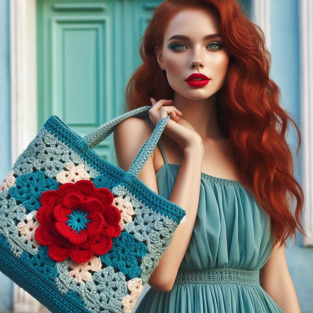 A beautiful Red haired French woman wearing red lipstick and carrying crocheted tote bag, (orange-red mottled water color background), impas...