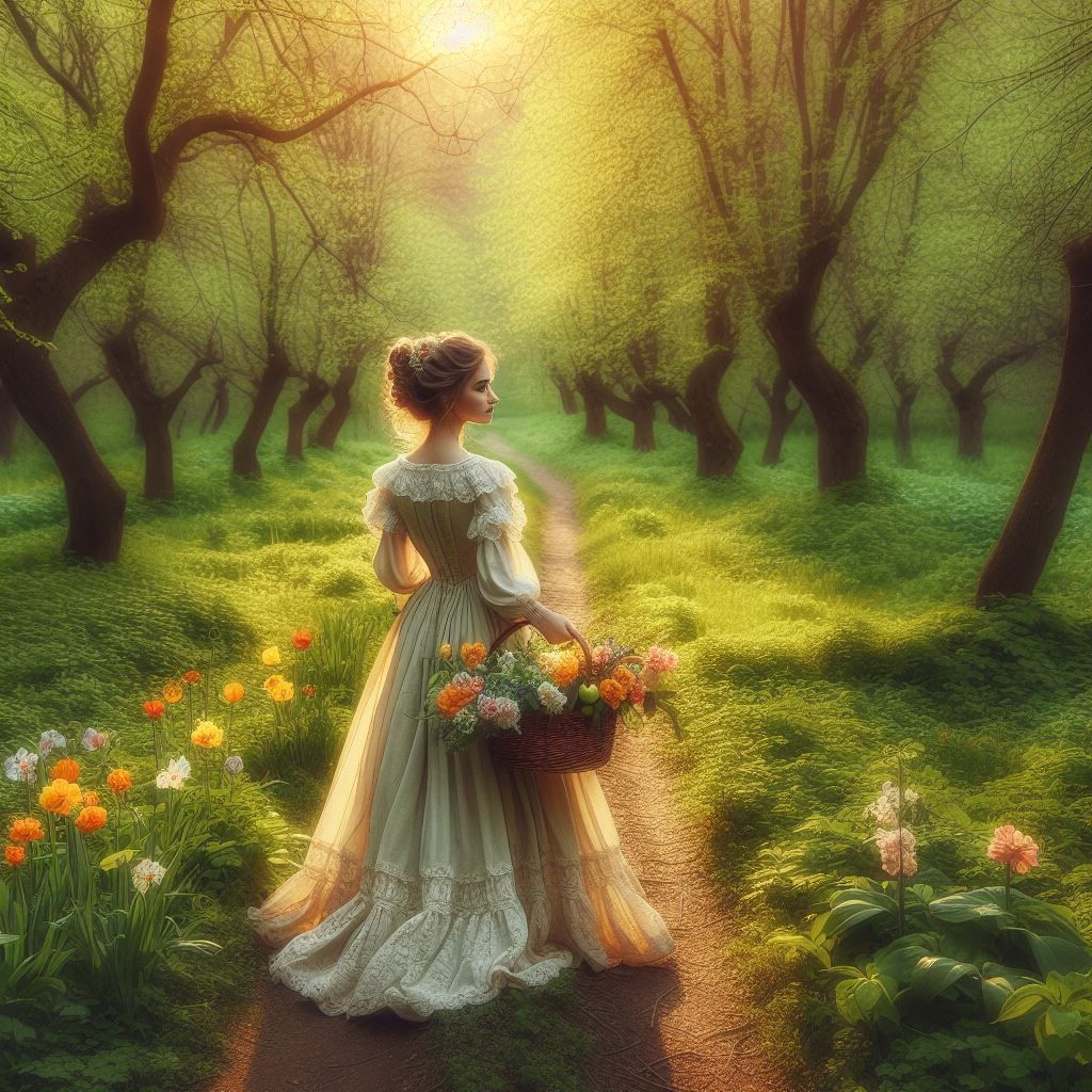 <lora:Empaste:1.0> <lora:EtherealVisionsFlux:1.0> <lora:Flowers and Feathers:1.0>  Lovely victorian lady carrying a basket of colorful engli...