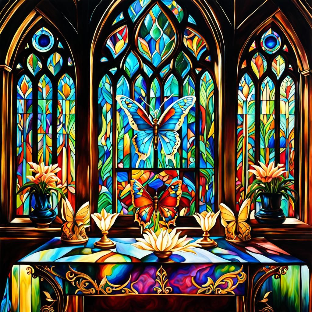 <lora:Stained Glass Magic:1.0> Stained glass window w/ornate table in foreground.