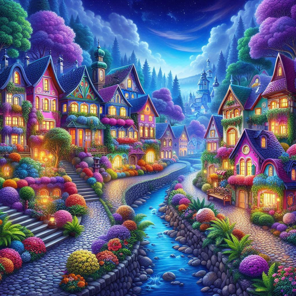 <lora:Zentangle-V2:1.0> <lora:Zentangilism:1.0> Enchanting village under the moonlight, naive art, zentangle,  clear blue river, colorful fl...