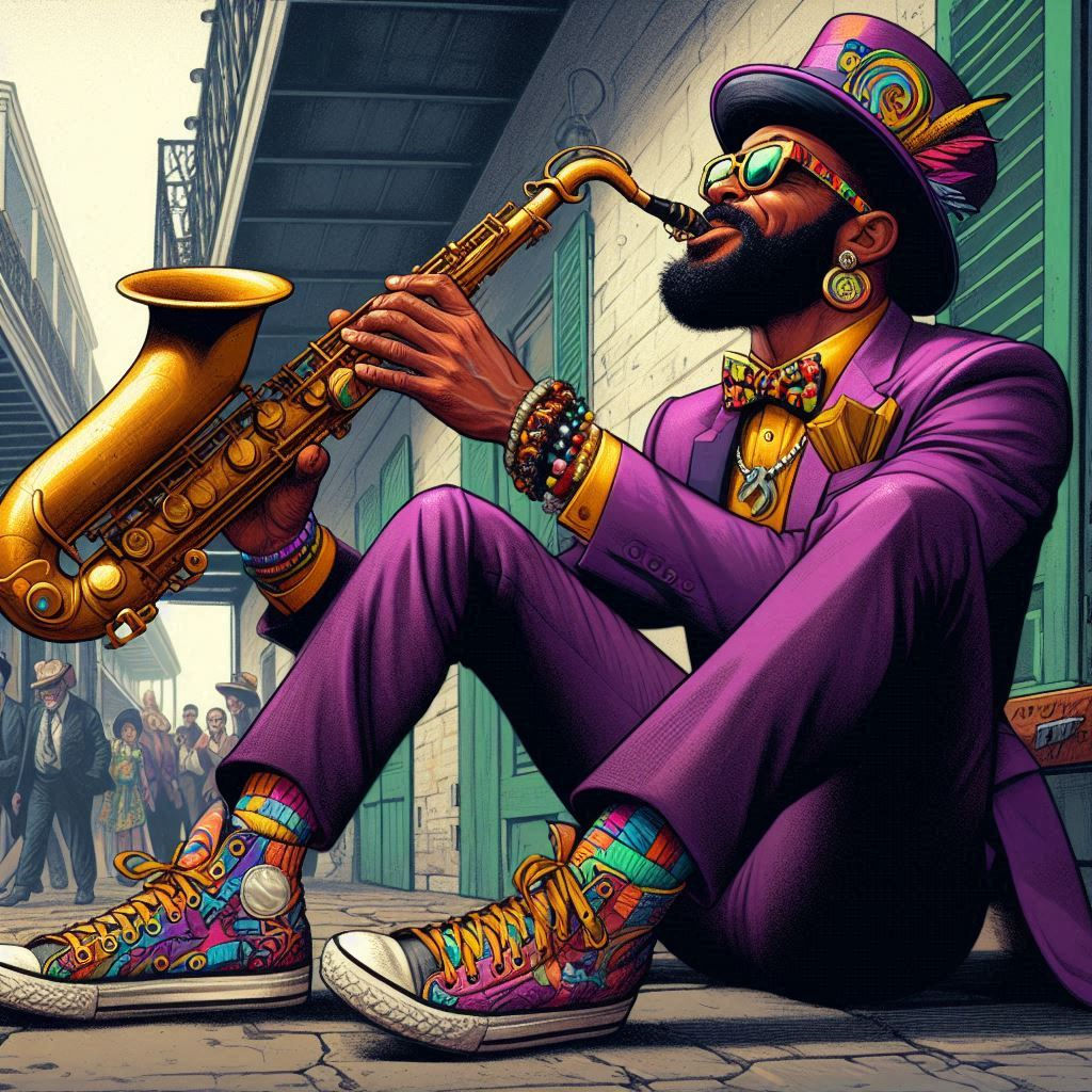 Sharply dressed man w/beard and groovy glasses, playing saxophone in French Quarter of New Orleans, purple suit, colorful tie, colorful high...