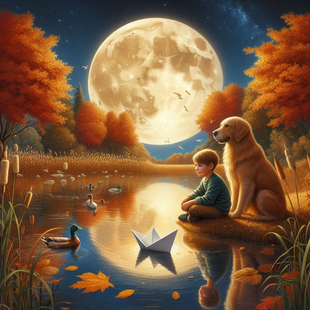 Hyperrealistic scene of a young boy and his dog sitting at the edge of a pond under a full autmn moon, autumn trees, highly reflective water...