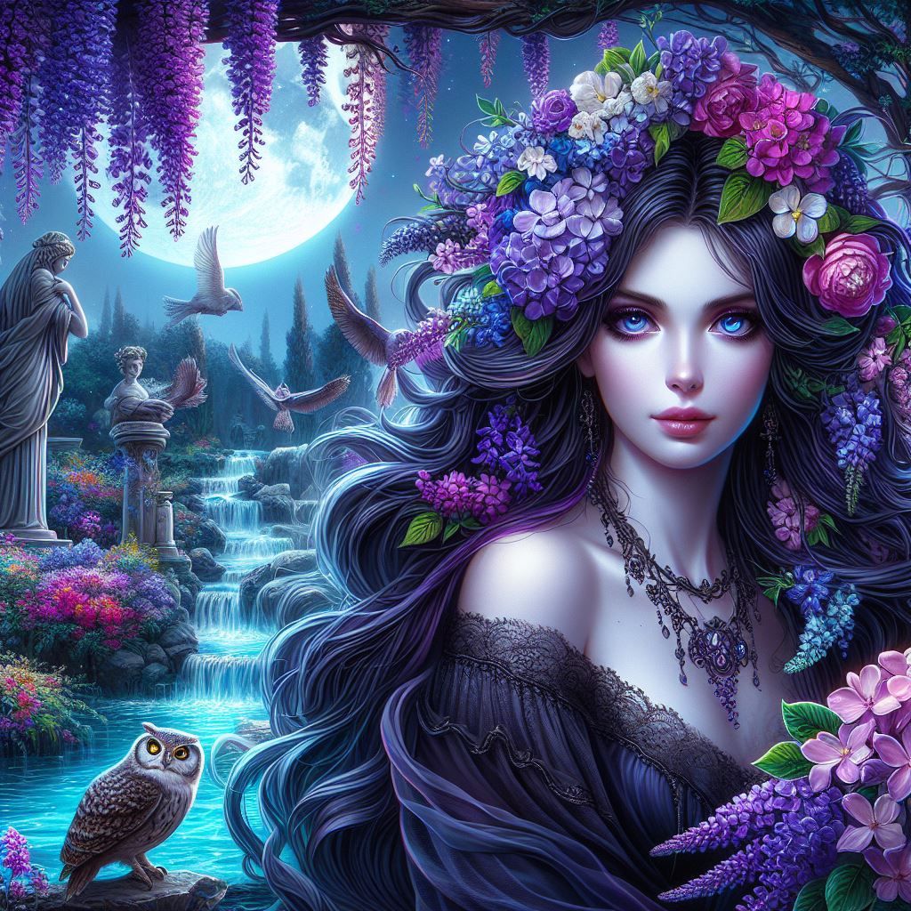 <lora:Whimsical Witches:1.0> Beautiful, (black haired), green eyed, witchy goth hippie girl. 