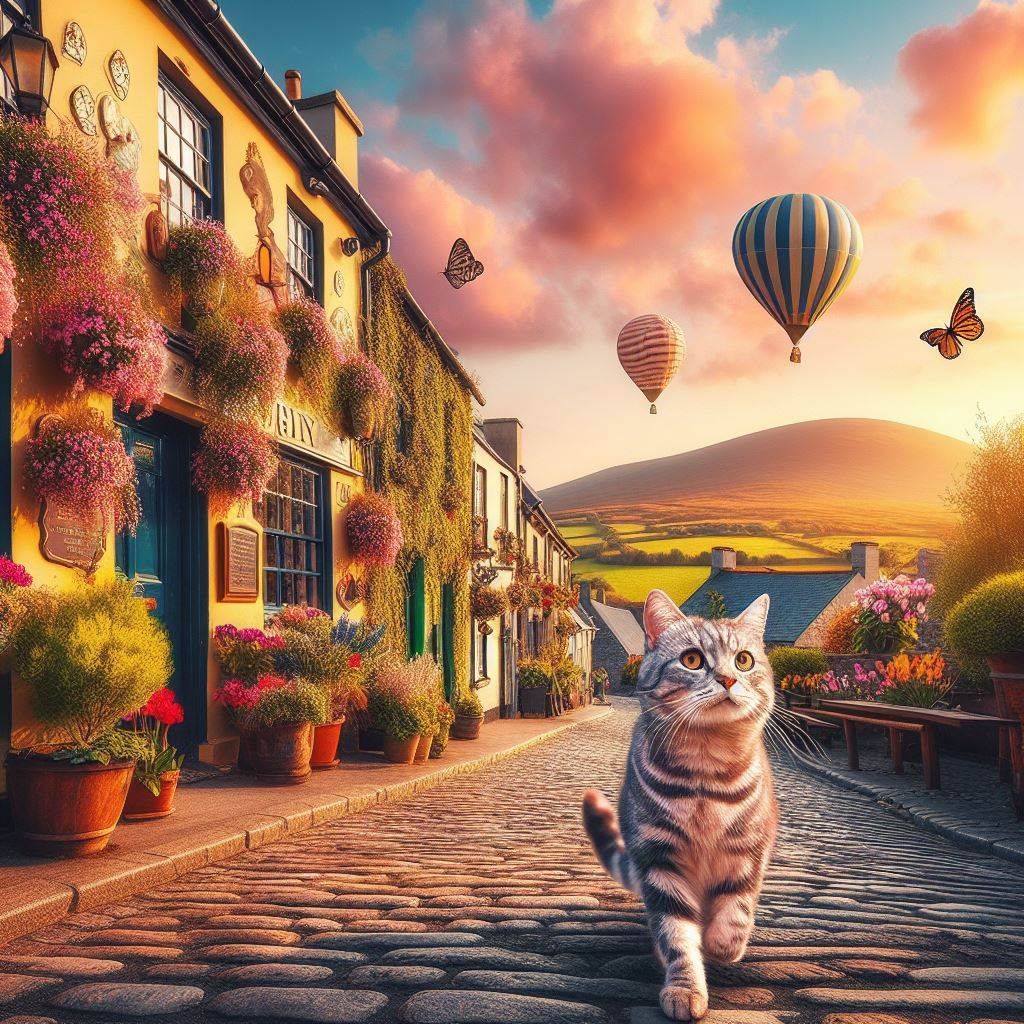 <lora:Exquisite Flux:1.0> <lora:Ink Poet:1.0> <lora:GoldenHour:1.0> Delightful tabby cat strolls down a stone street in a european village w...