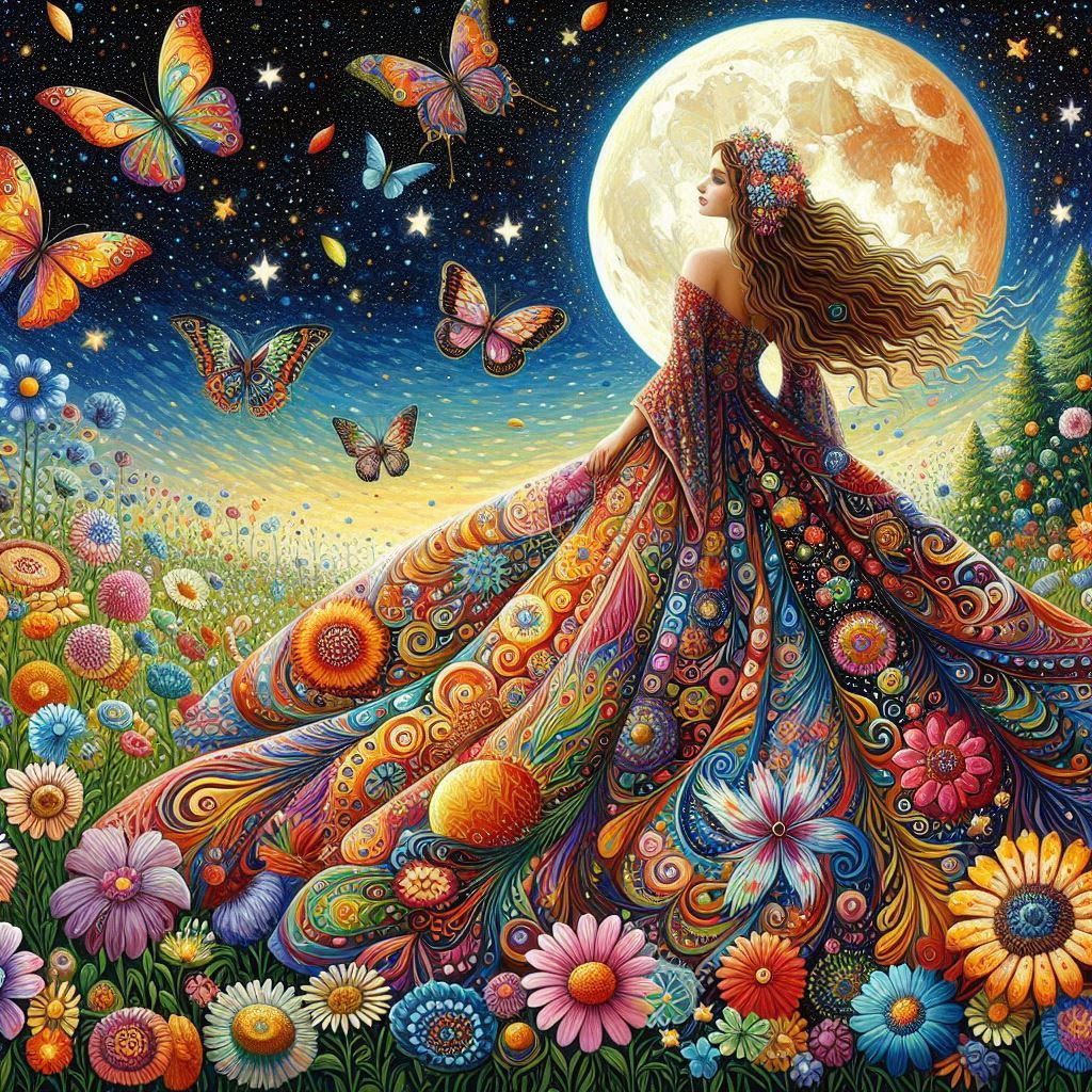 Gypsy standing under a beautiful full moon in a field full of magical, colorful wildflowers, colorful stars, exotic, colorful butterflies fl...