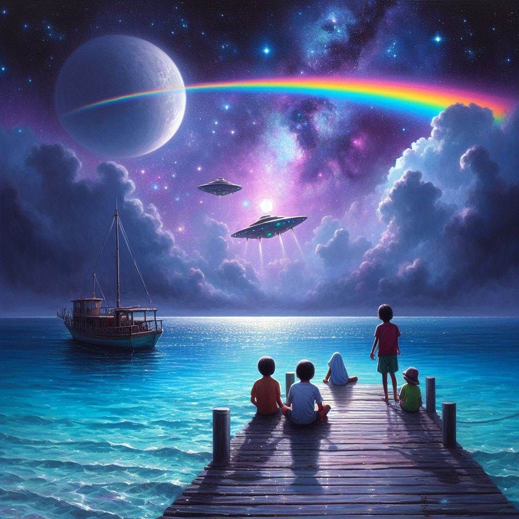 Beautiful Sci Fi scene of children sitting on pier overlooking intensely, otherworldly blue ocean, boat in the distance, cosmic sky w/planet...