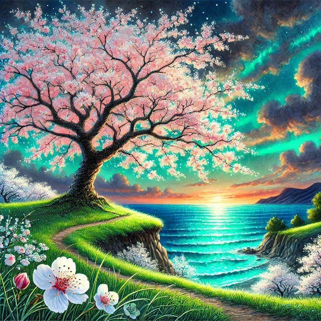 <lora:Watercolor-flux:1.0> <lora:Watercolor Flux:1.0> <lora:Oceanic Impressions:1.0> <lora:Seascape Flux:1.0> Beautiful, seaside cherry blos...