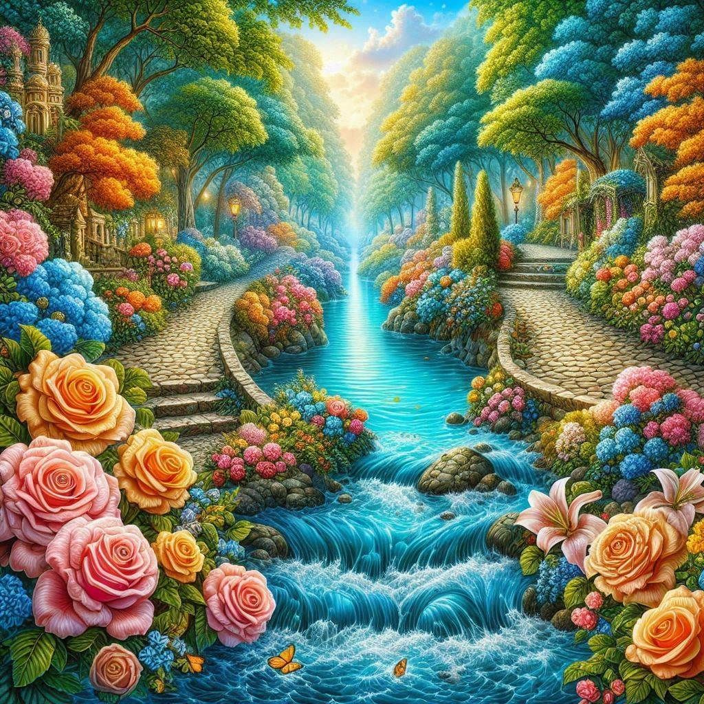 <lora:Neo Art Nouveau:1.0> Art nouveau style image of magical forest w/crystal blue river running through the forest, beautiful, colorful ar...