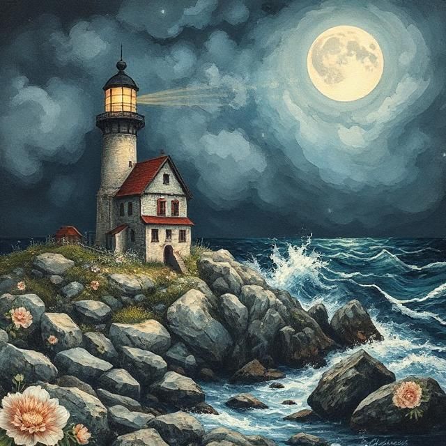 <lora:Smithsonian Spring:1.0> <lora:nocturnal seascapes:1.0> <lora:Cytafae:1.0> <lora:Ink Poet:1.0> Stunning light house overlooking a storm...