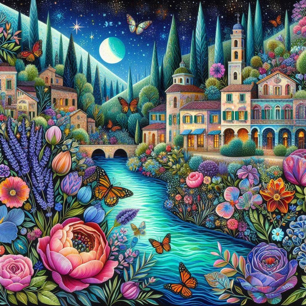 <lora:AmongTheDark:1.0> <lora:Exquisite Flux:1.0> <lora:Ink Poet:1.0> Mystical, magical moonlit night, I walk through the well-manicured and...