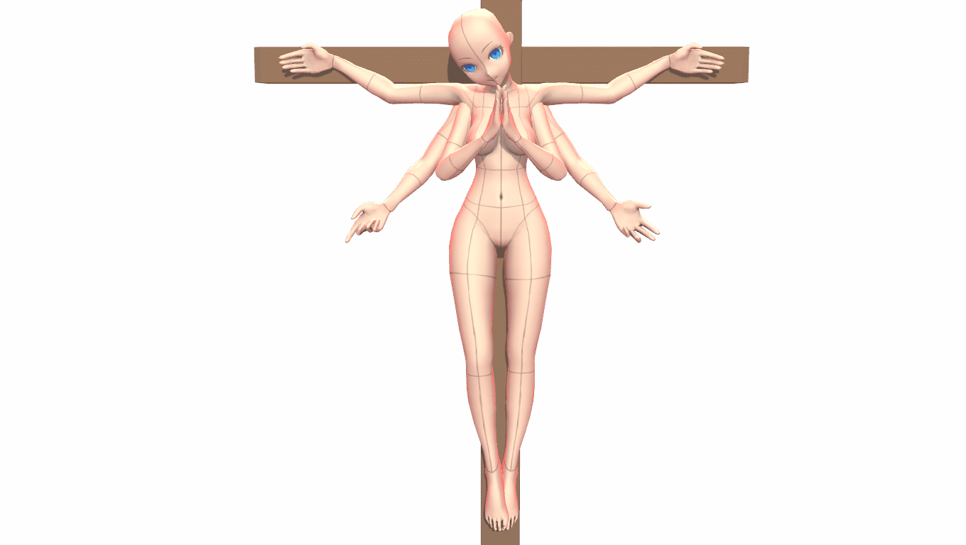 (6 arms), Goth Virgin Mary, Skull face paint, crucified on a cross, hands praying, arms in welcoming position, feet visible, baggy clothing,...