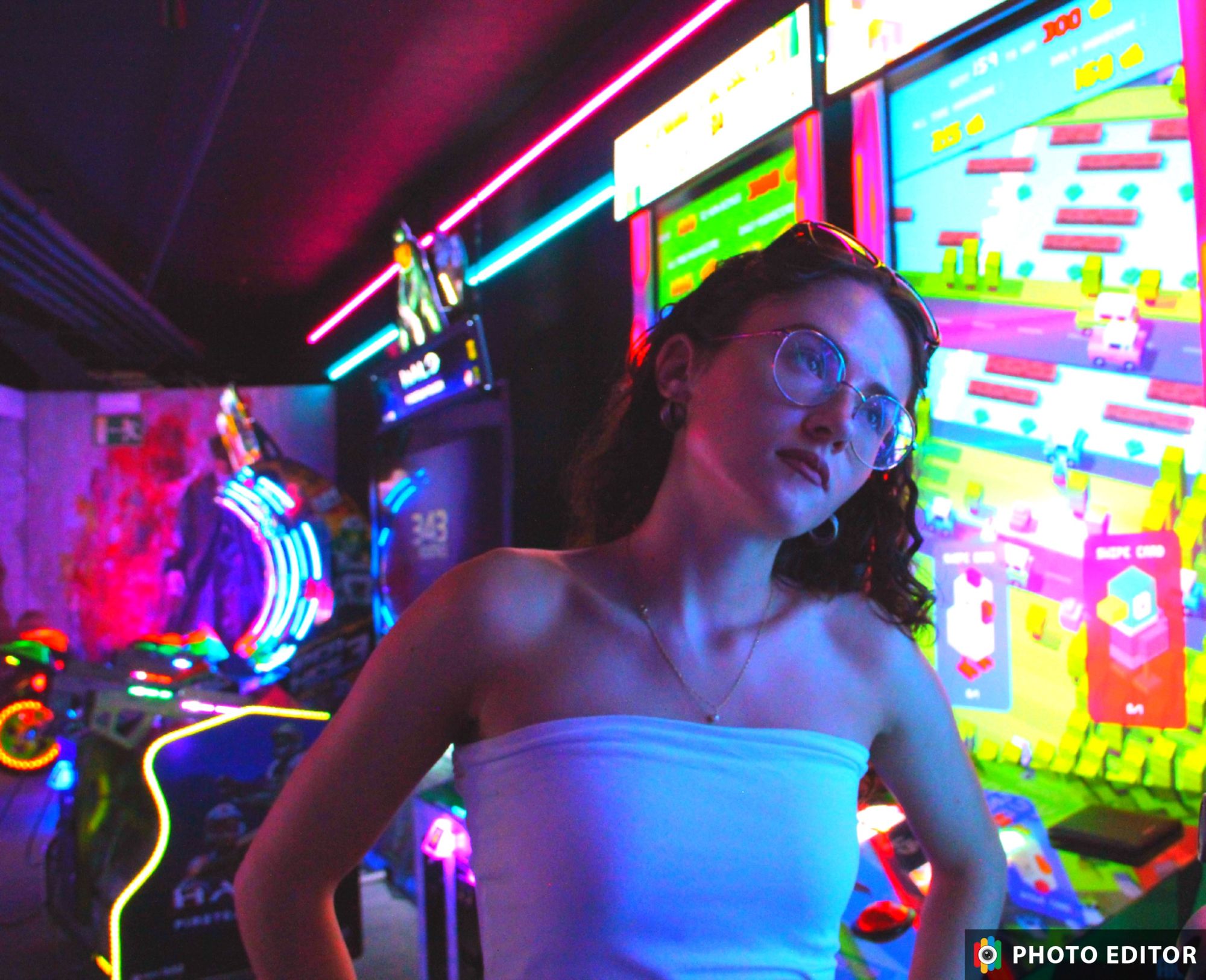 GTA style Cartoon, illustration, skinny, girl woman female, black hair, white croptop, glasses, indoors, inside, copyof start image