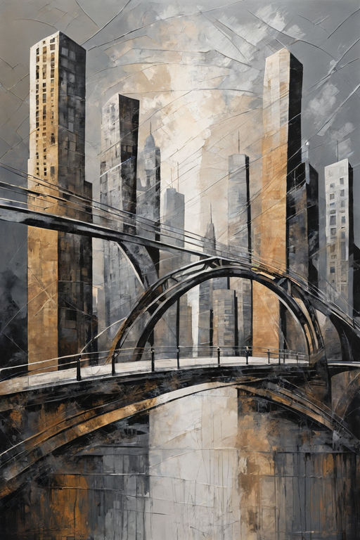 acrylic-abstract-art-on-canvas-with-brush-textures--depicting-beautiful-and-fantastically-designed-streets and bridges