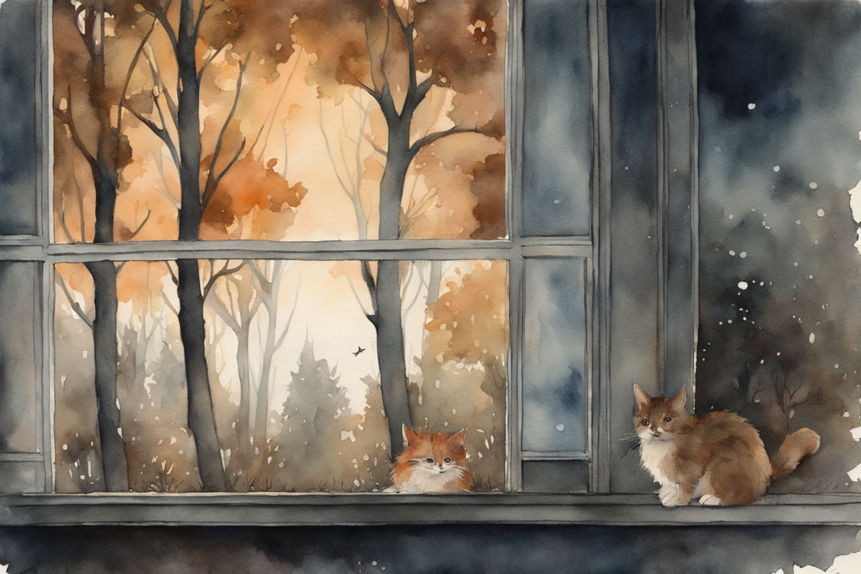 watercolor-painting-captures-a-tranquil-deciduous-forest-under-moonlight-kitten-nestled-near window