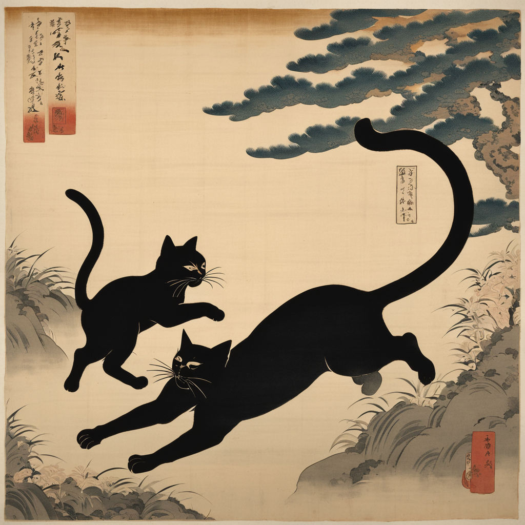 kitagawa-utamaru-style-ukiyo-e-woodblock-print-from-1790-mother-cat-with-playful-kitten-pouncing-on-butterfly. correct anatomy