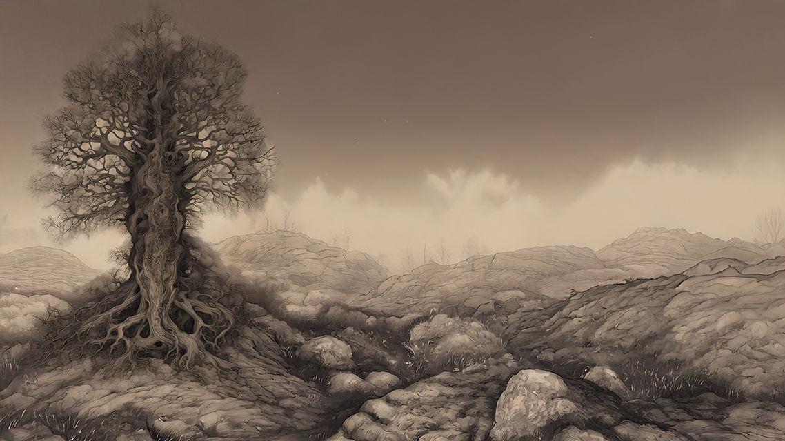 surreal-otherworldly-etching-on-antique--paper--norse-tree-yggdrasil--intricate-line-drawing-night
