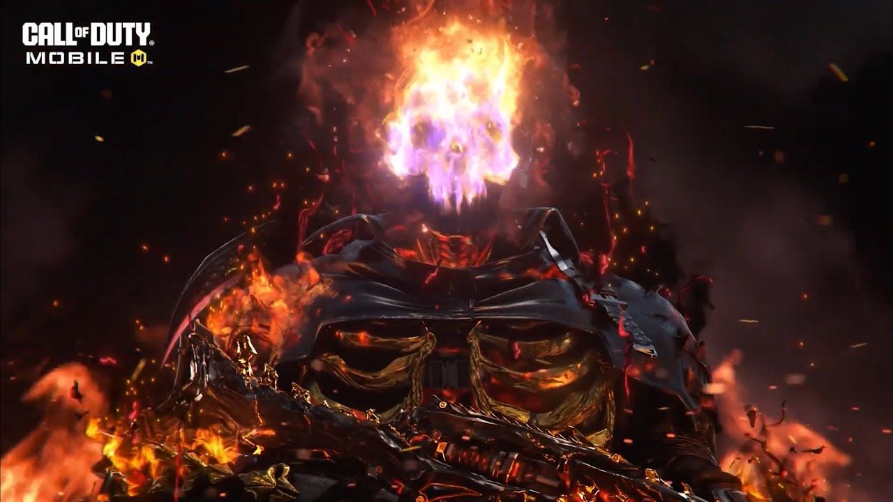 Fire skull mask with flames in the background and around with a black military combat suit on with a black and dark fire red German shepherd...