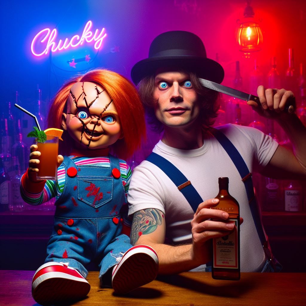 Chucky and Alex DeLarge drinking in Bar 