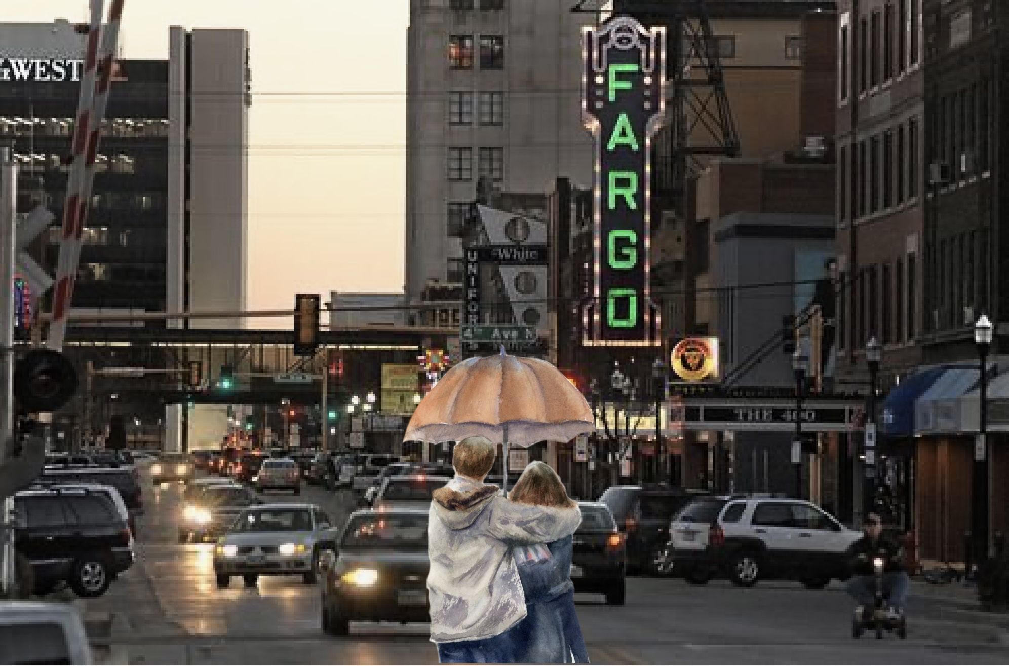 Boy and girl under an umbrella in the rain in a downtown city