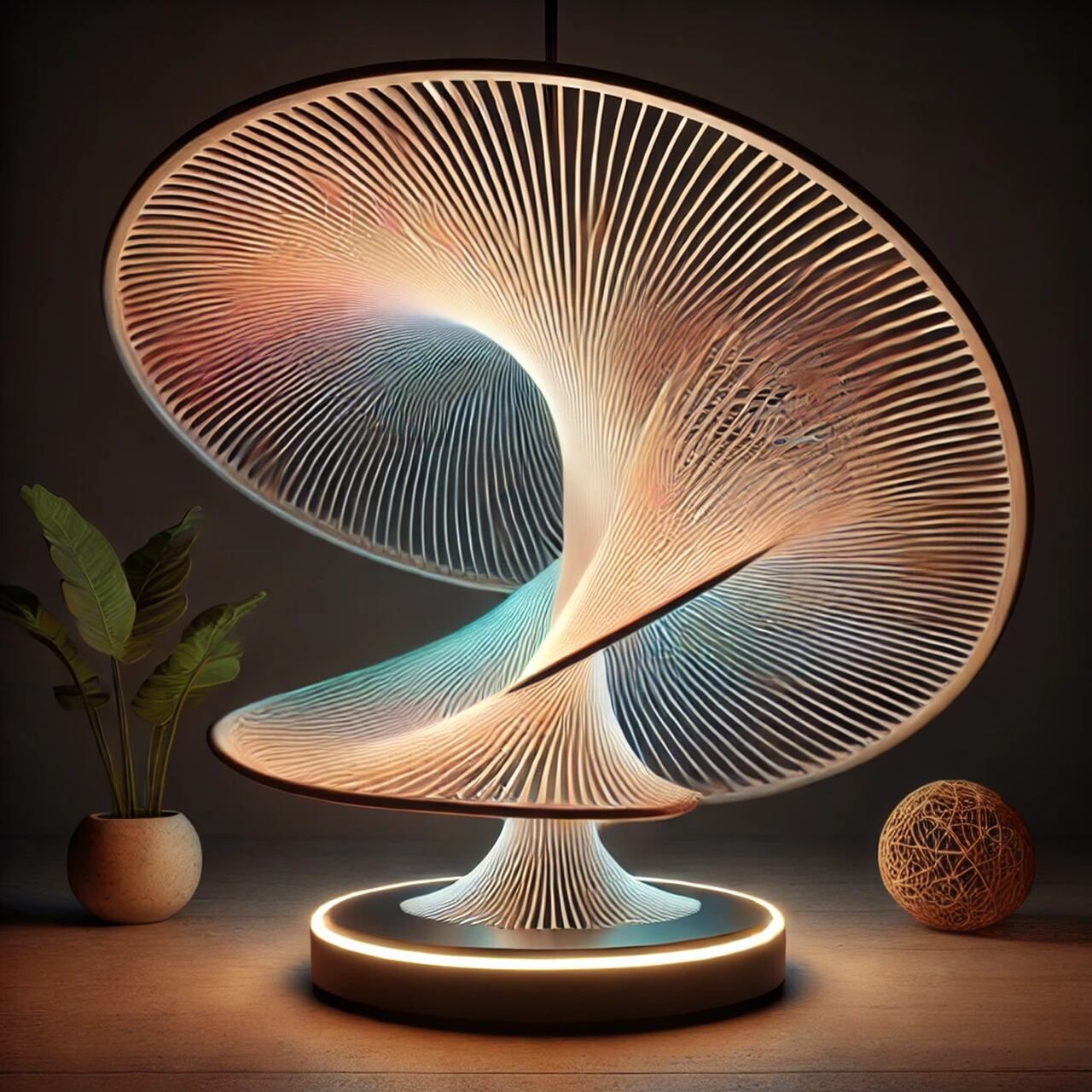 Here is a sleek, futuristic spiral lamp with RGB LED lighting that shifts colors and pulses, creating an interactive, floating vortex effect...
