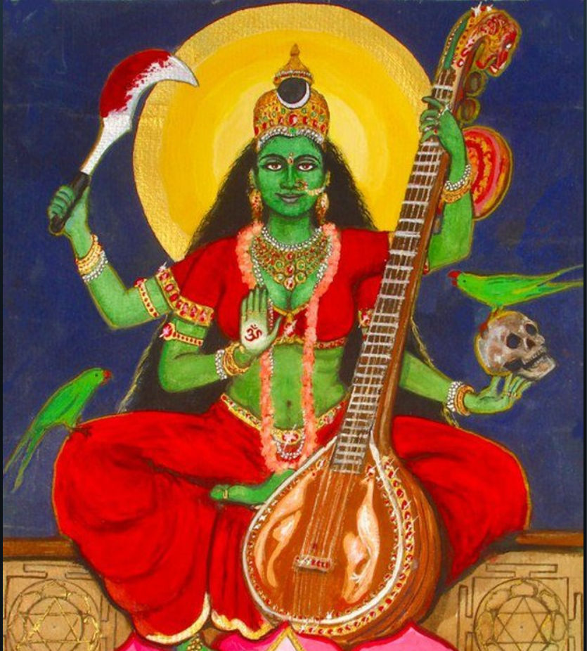 make matangi maa(the given godess) look beautiful, yet terrifying, while she eats meat from a plate
