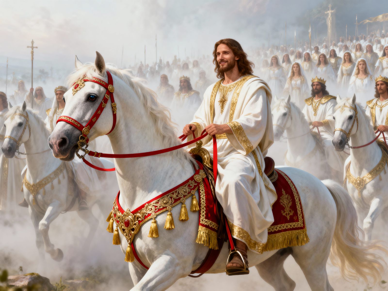 Horse walking forward.  The horse is very excited.  Camera following him as he moves forward.  People with Jesus smiles.