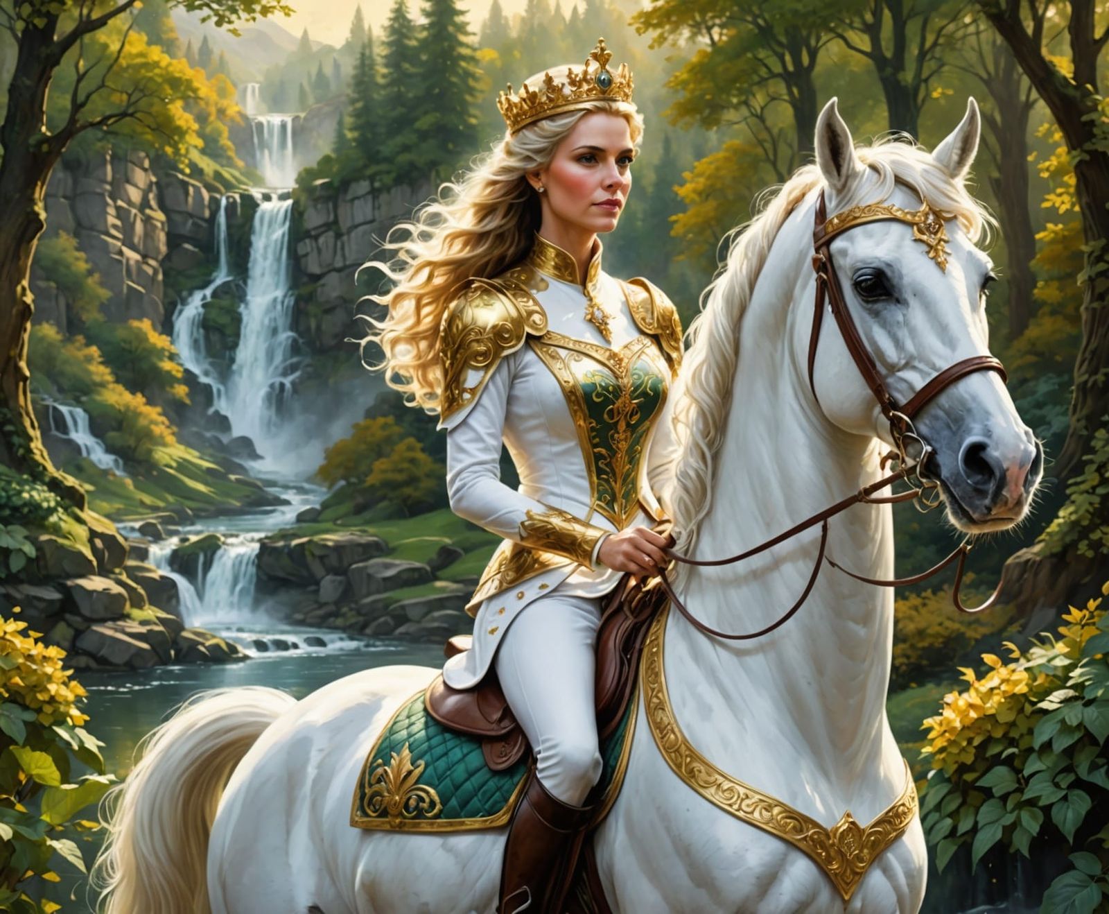 Prinsess slightly smile.  Horse walking.  camera follow them.