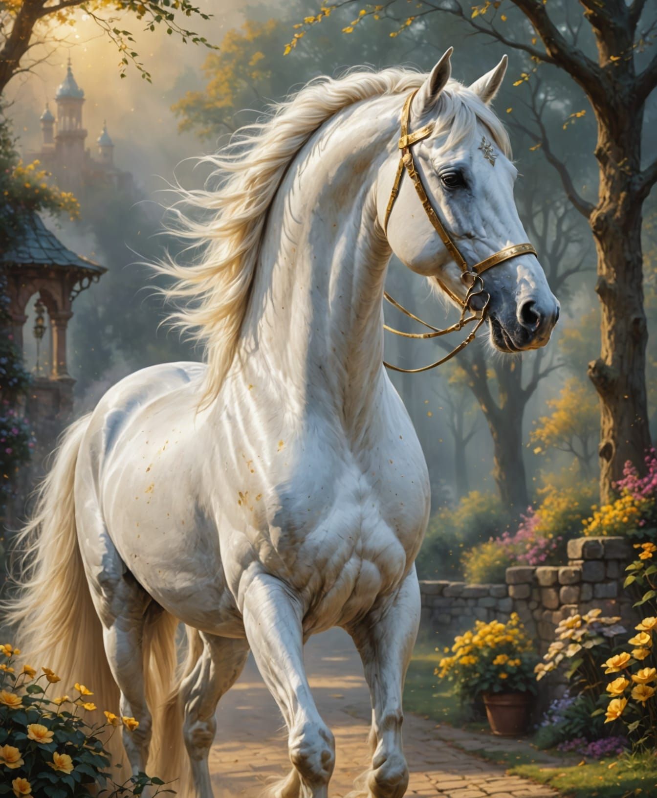 Horse lowering his gead to smell rose.  He lift his one front leg slightly.