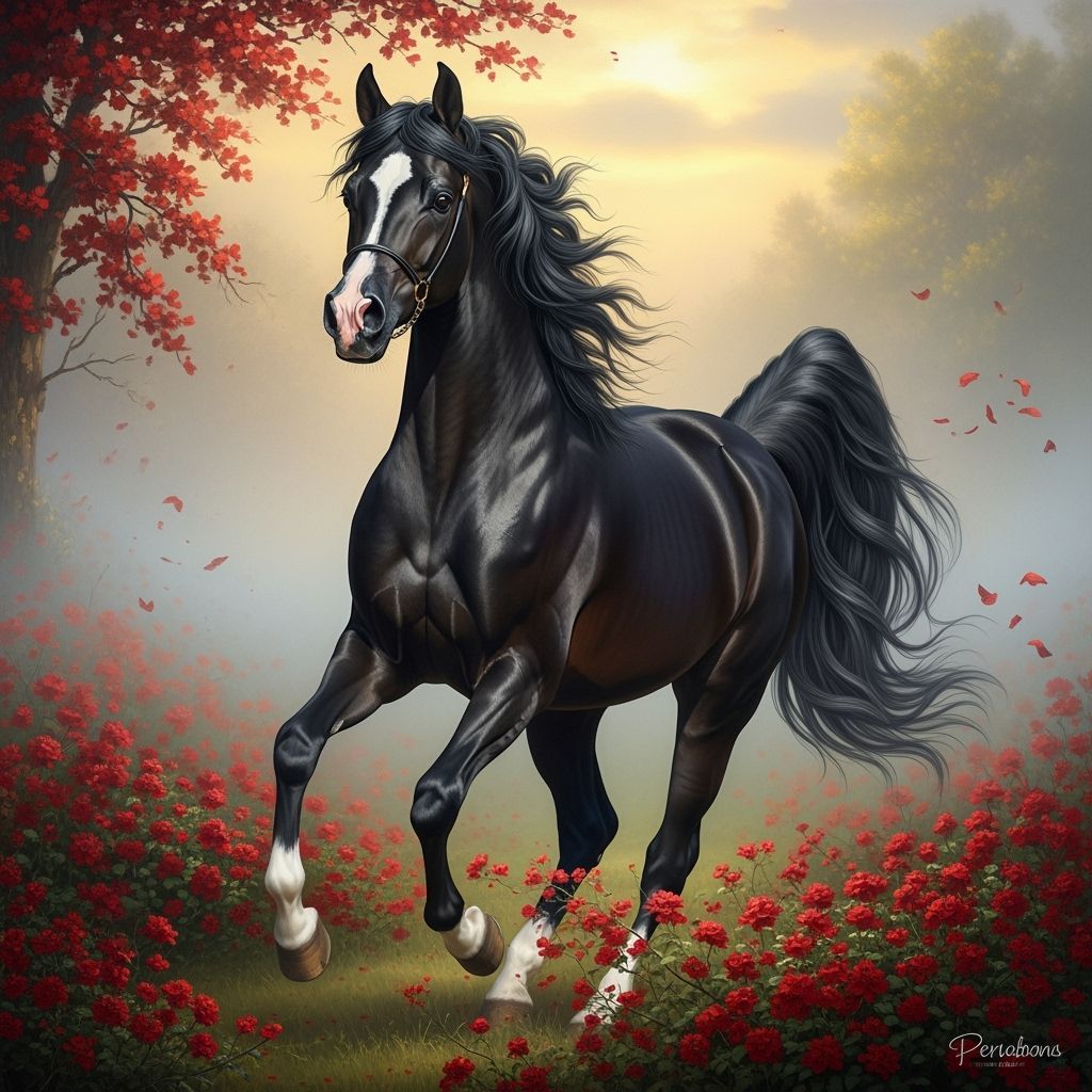 Horse galloping forward through the flowers.  Horse lifting its legs proud and high as he trots.  Snorting nostrills. 