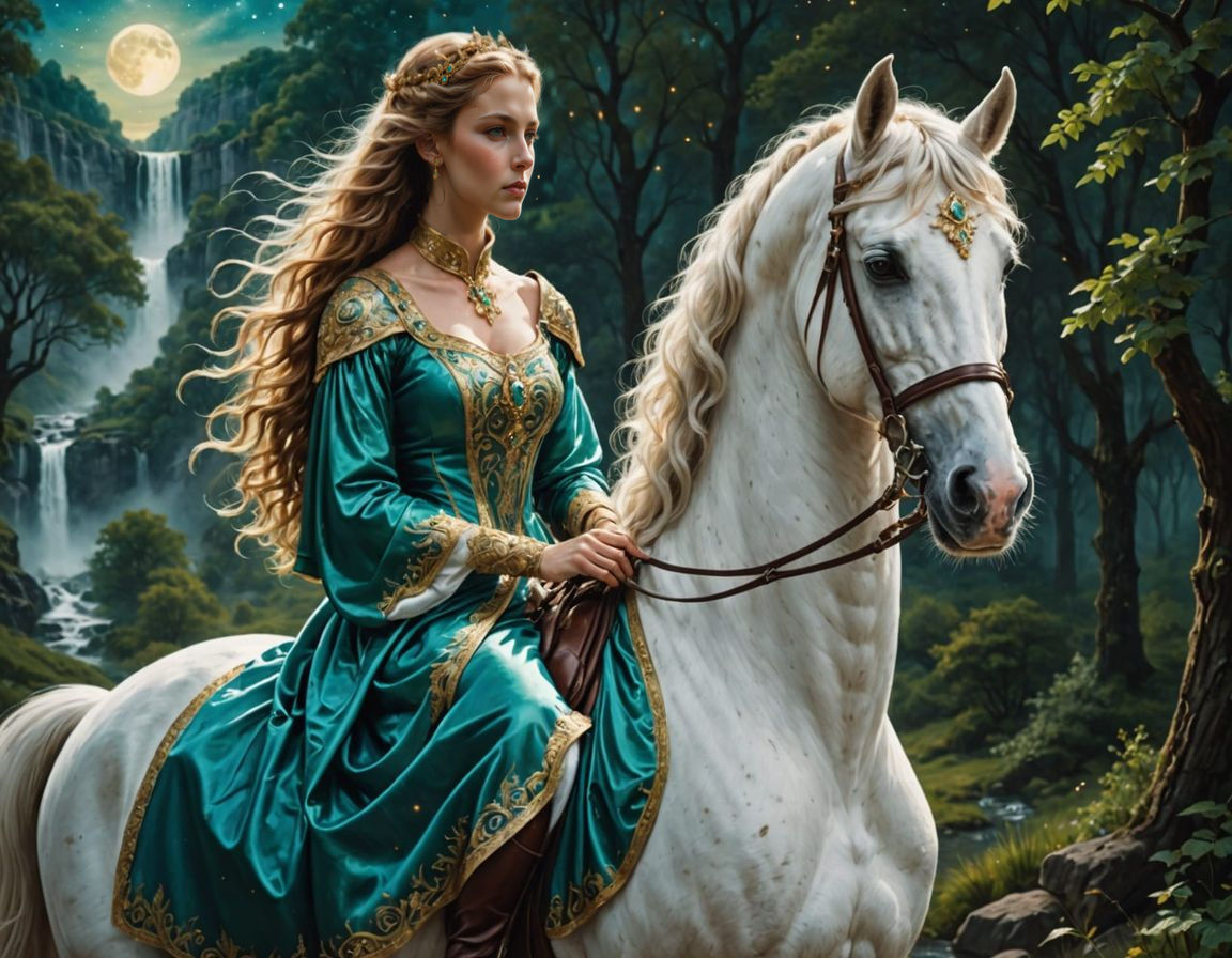 Horse is excited arching his neck to smell rose.  His mane and tale waving in the wind.  Queen's slightly smile and her ...