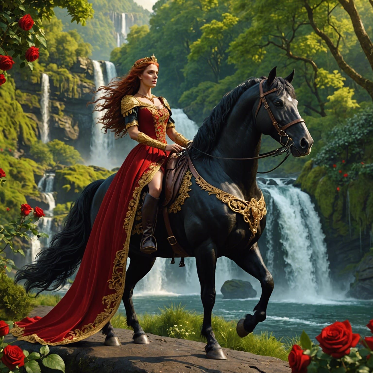 Horse walking along path. hair of woman waving in wind.  Mane of horse waving in wind.