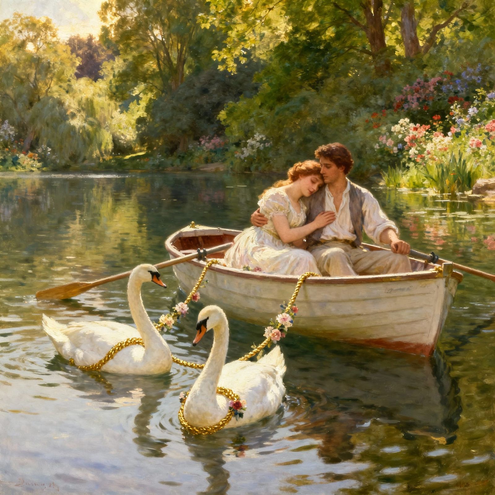 The swans pull the boat forward through the water.  The man kisses the woman gently.