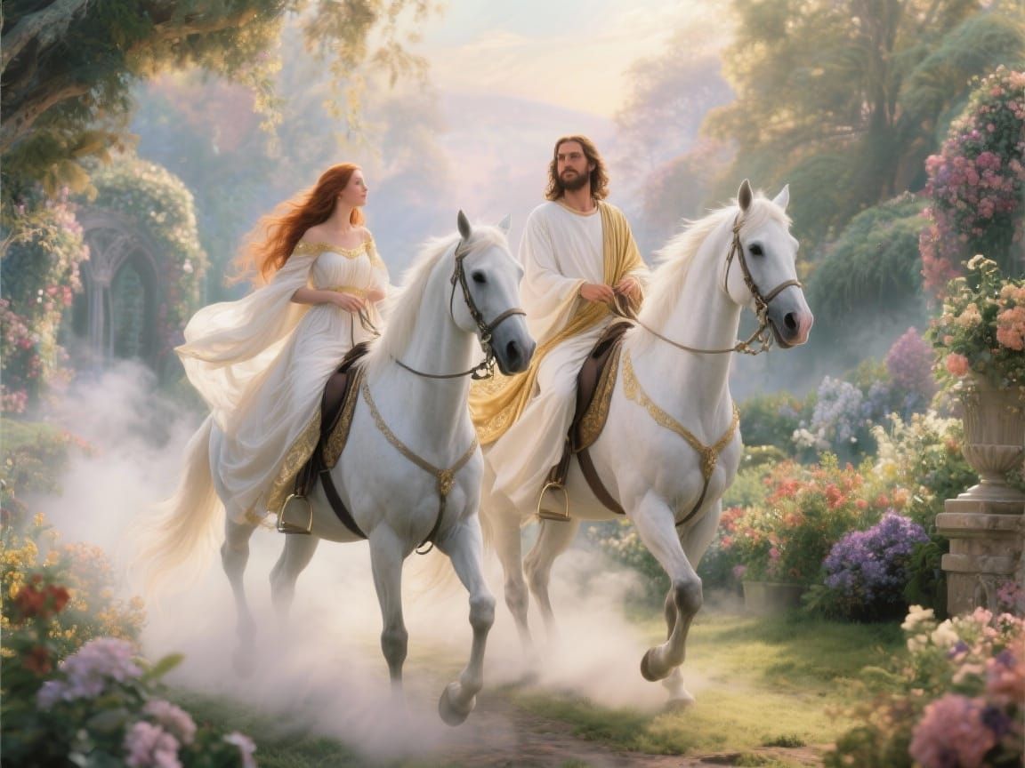 Horses trotting very excited forward through the garden.  They lift up their legs high as they trot forward.  The camera...