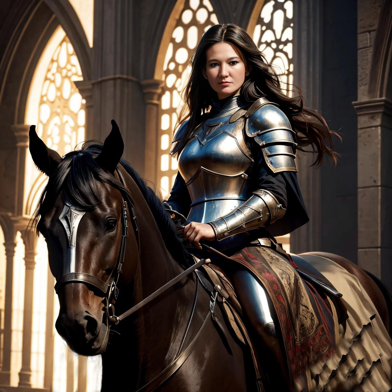 Horse impatient to go.  Woman lift her sword victoriously.