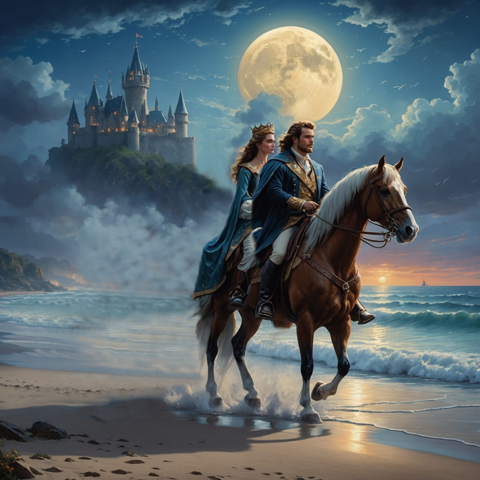 Horse walking along moonlit beach.